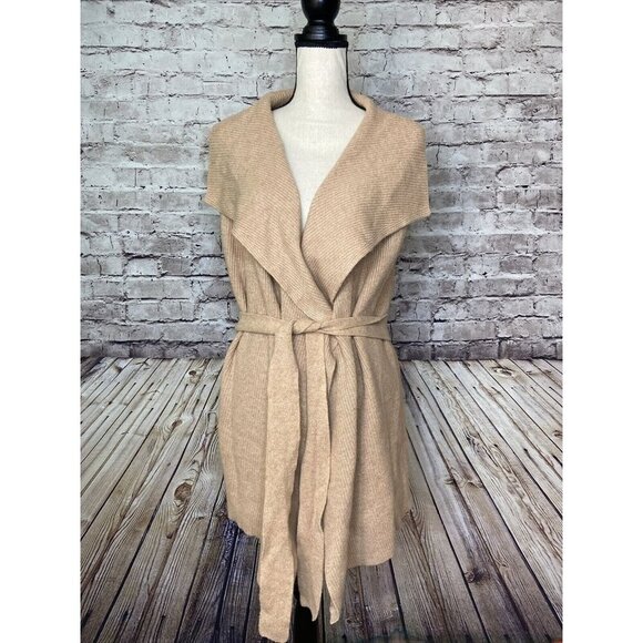 Lands End Cardigan Sweater Vest Belted Sleeveless Tan M /P‎ 10-12 - Picture 1 of 3
